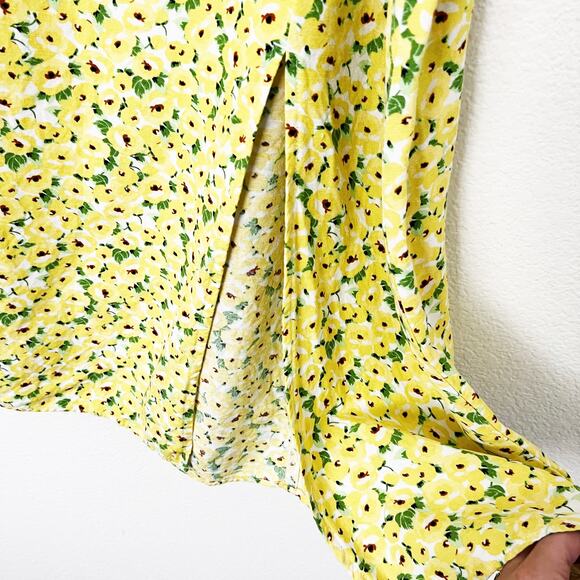 [LOFT] Yellow Floral Print Linen Blend High Waist Side Slit Midi Skirt Size 14 - Picture 9 of 12